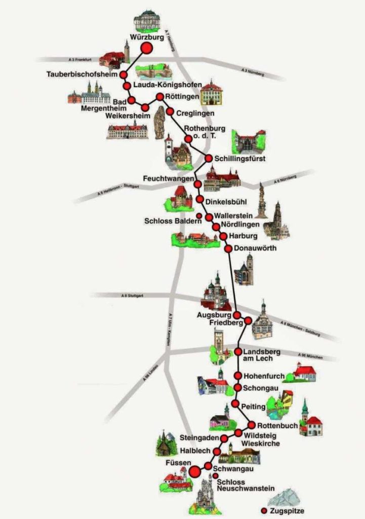 Mapa de la Ruta Rom&aacute;ntica de Alemania